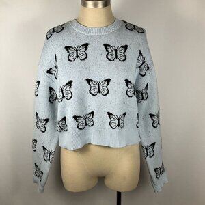 L.A. HEARTS Oversized Cropped Crew Neck Baby Blue Butterfly Sweater Womens Small